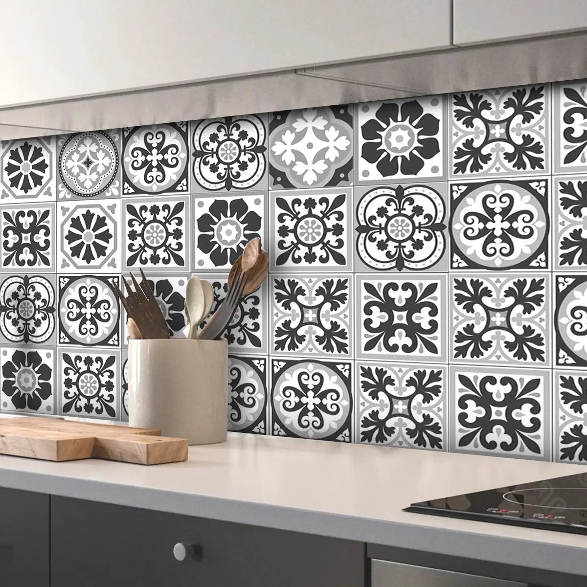 Kitchen backsplash tiles, Simples Market; Mediterranean style PVC roll, waterproof, removable, black and white pattern.