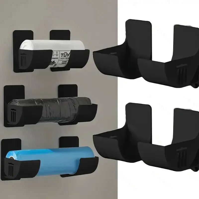 Simples Market 4-pack punch-free kitchen storage racks, black wall-mounted holders for plastic wrap and garbage bags