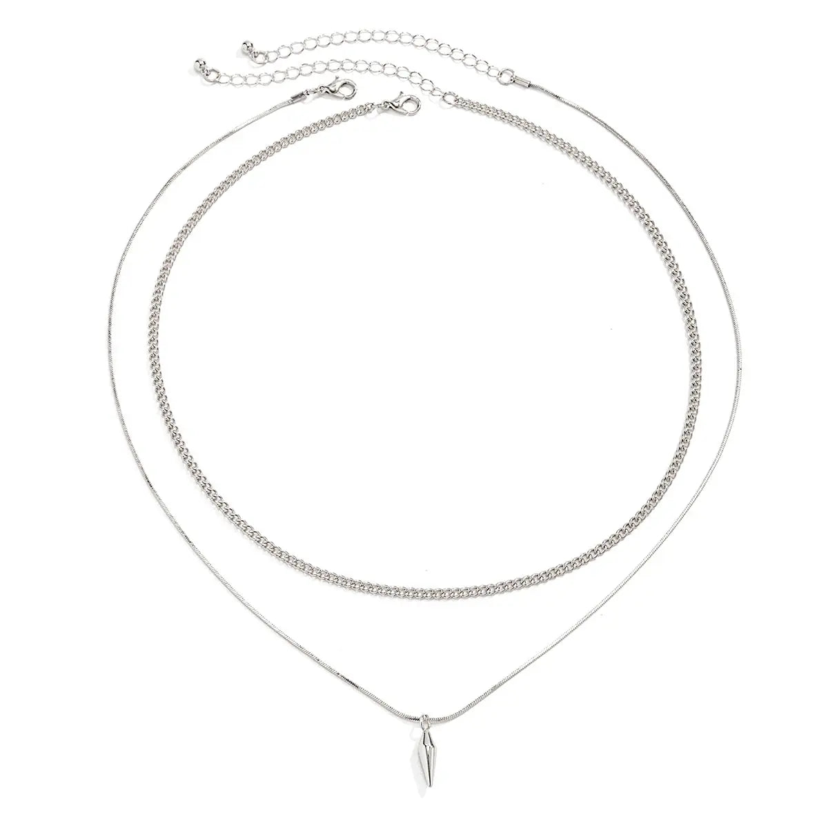 Two-piece stainless steel rivet pendant necklace: thin snake chain and Cuban-link choker in silver with dagger pendant