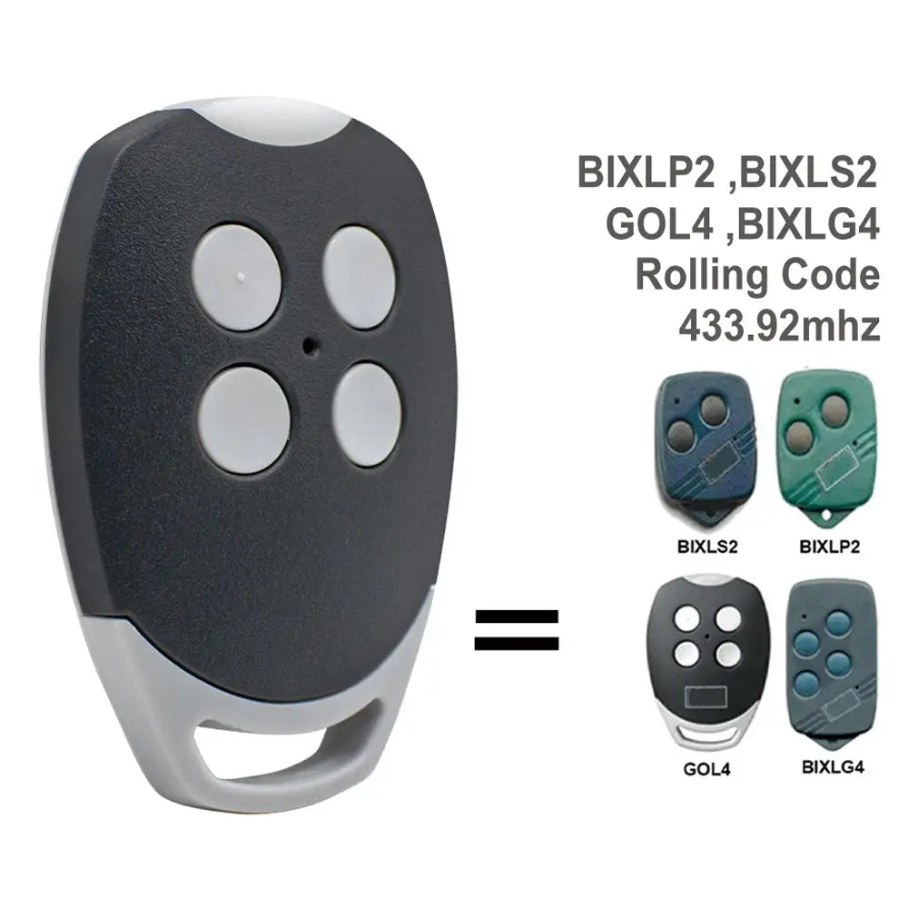 Simples Market garage door remote control, black with four silver buttons, 433.92MHz rolling code