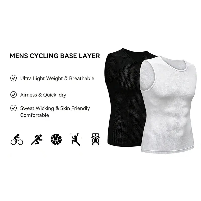 Men's cycling base layer sleeveless mesh vests, white & black, 2-pack, lightweight breathable fabric