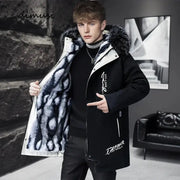 Winter men's long down parka in black with fur-trimmed hood and padded interior
