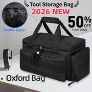 Tool storage bag, black water-resistant case with padded base and dual zippers.