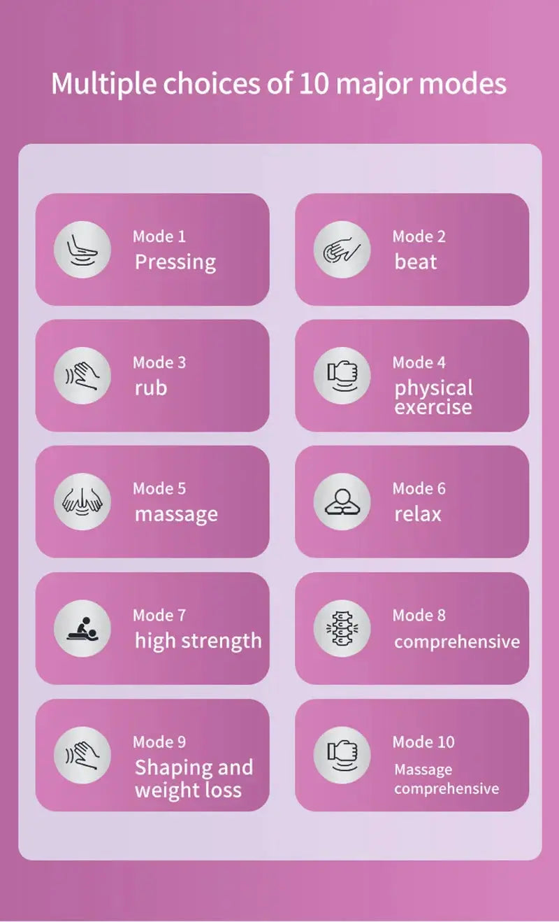 Electric EMS hips trainer UI showing 10 mode options on pink gradient background