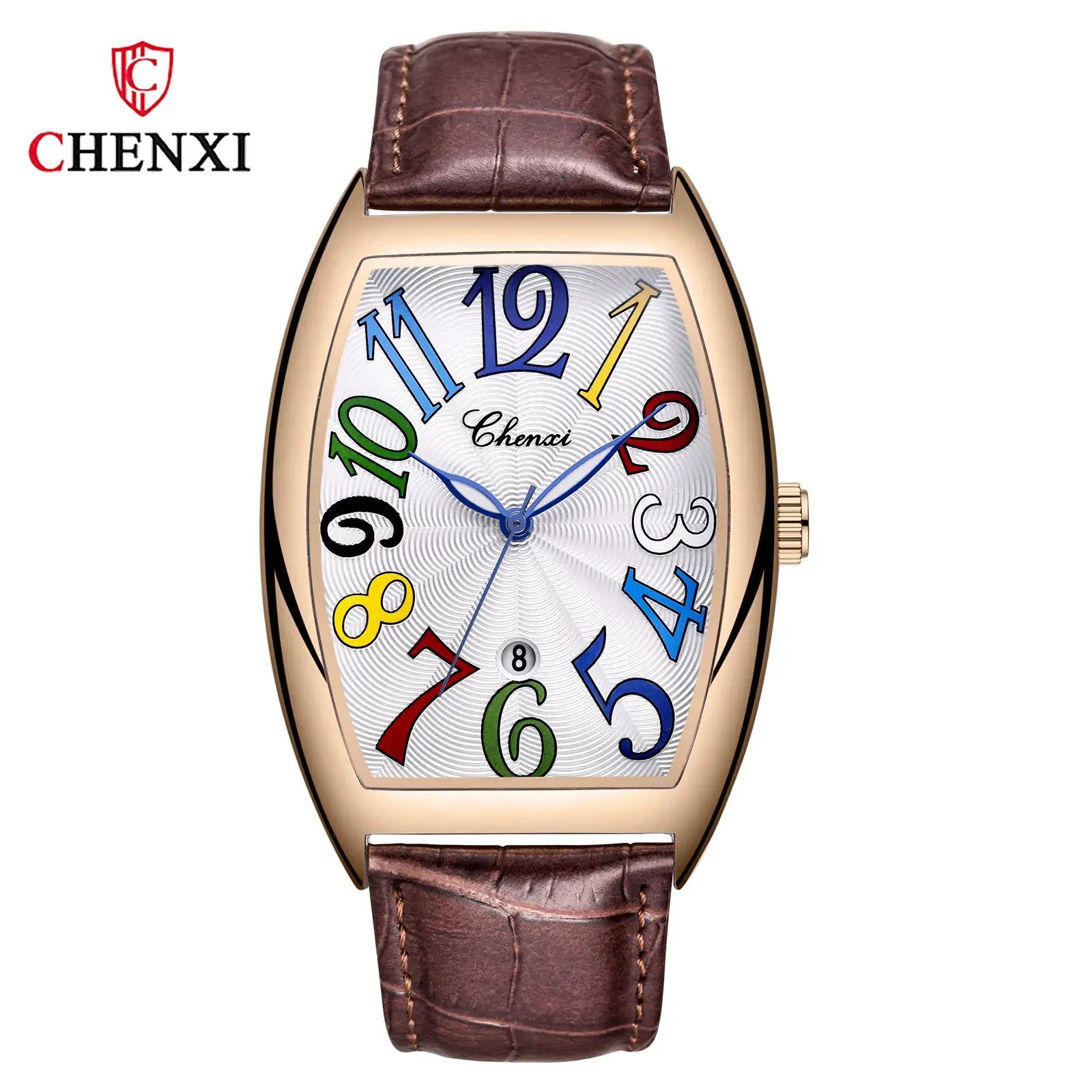 CHENXI men's watch with multicolor numerals, rose-gold case and brown leather strap