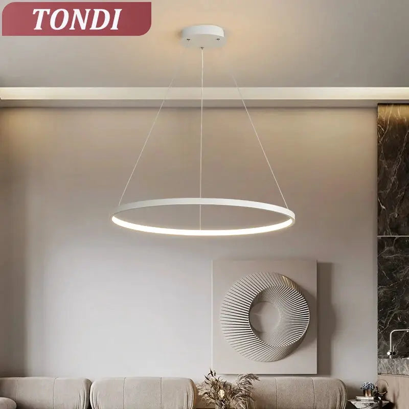 Modern round LED pendant light, white ring chandelier for living room and kitchen — Simples Market