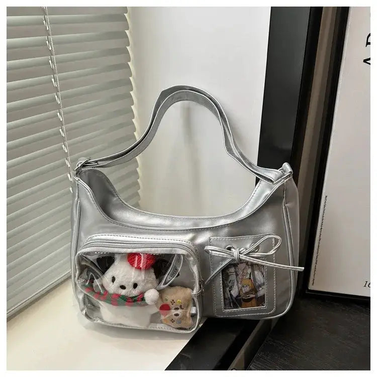Y2k Harajuku transparent ita bag in metallic silver; clear front pockets with plush toys, crossbody by Simples Market