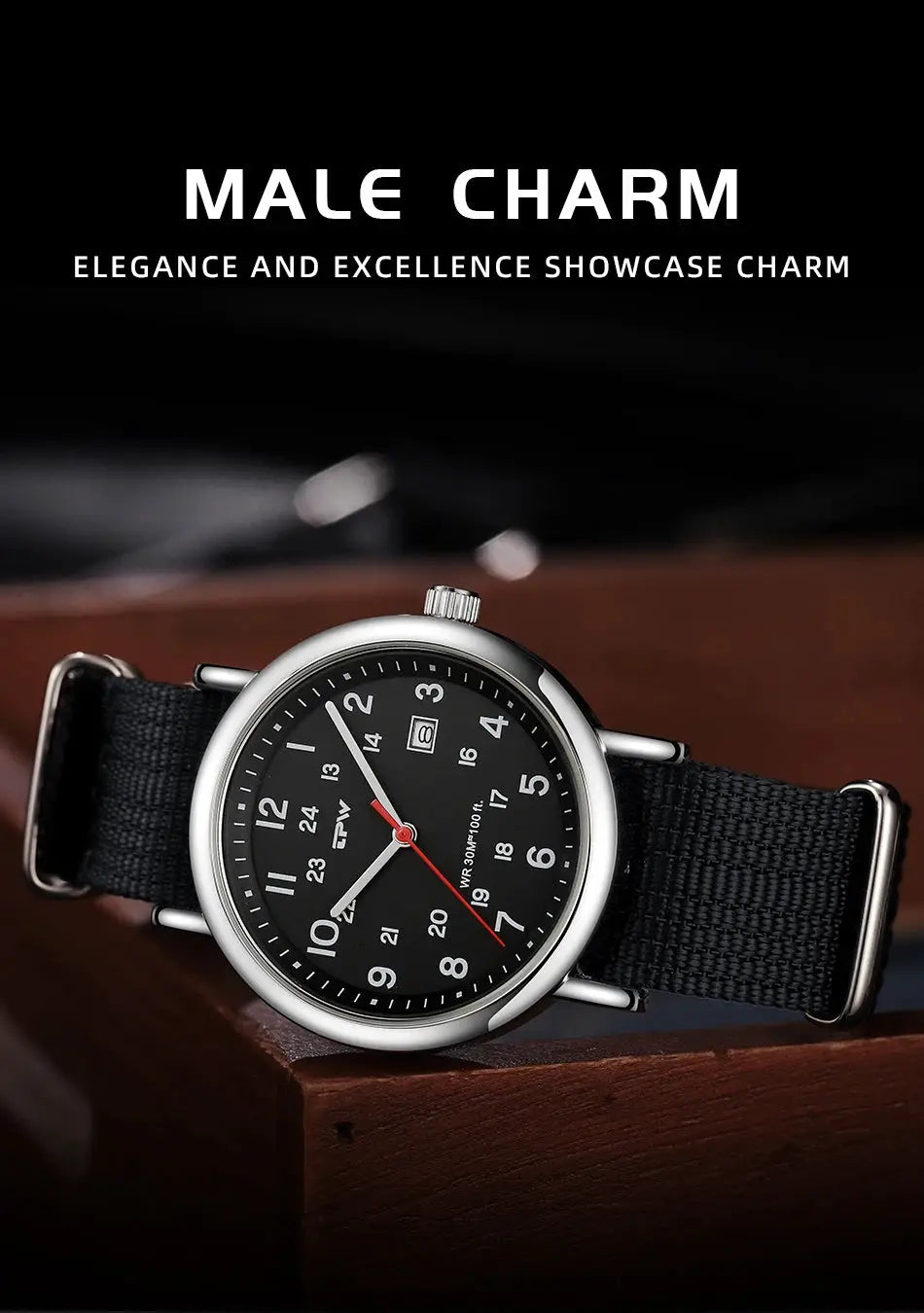 Simples Market TPW Field Watch with black fabric strap, black dial, 24-hour display and day function