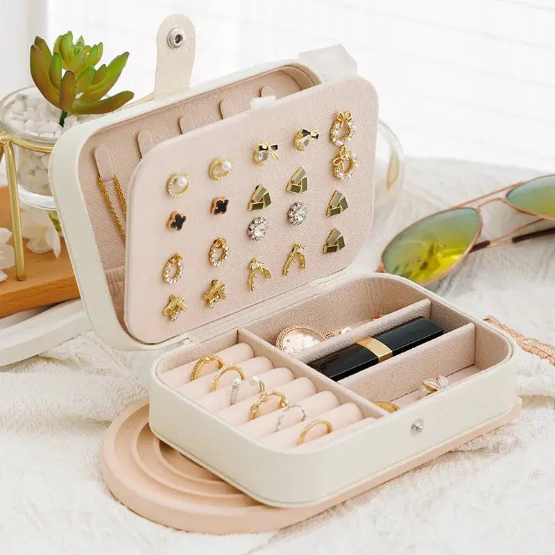 VoyageLux Leather Portable Jewelry Storage Box Travel Organizer For Earrings Necklaces Rings Case