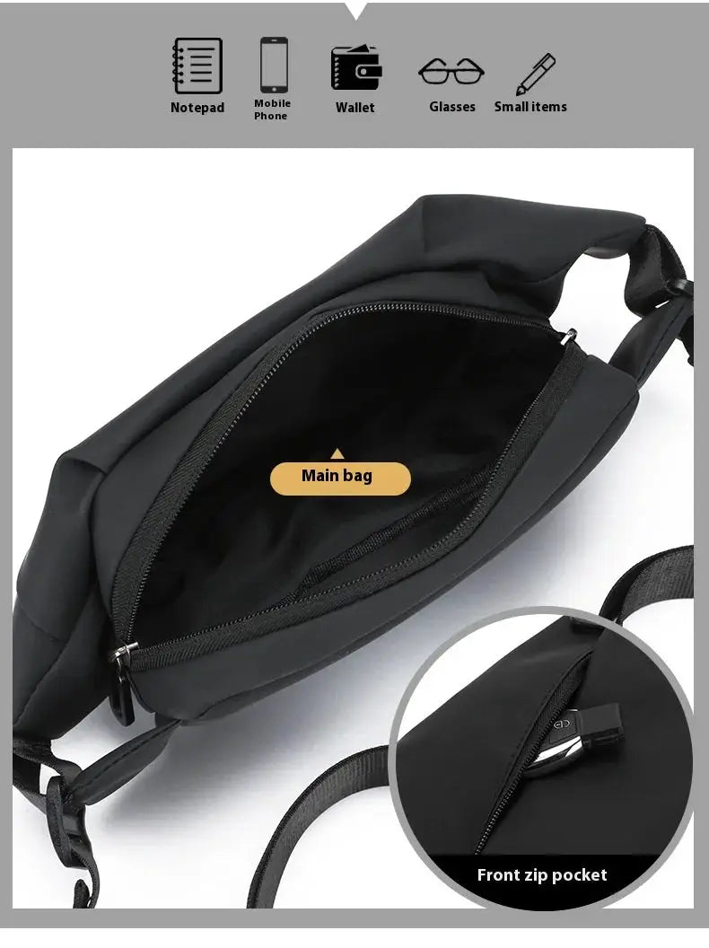 Waist bag, black; main compartment and front zip pocket with adjustable strap.