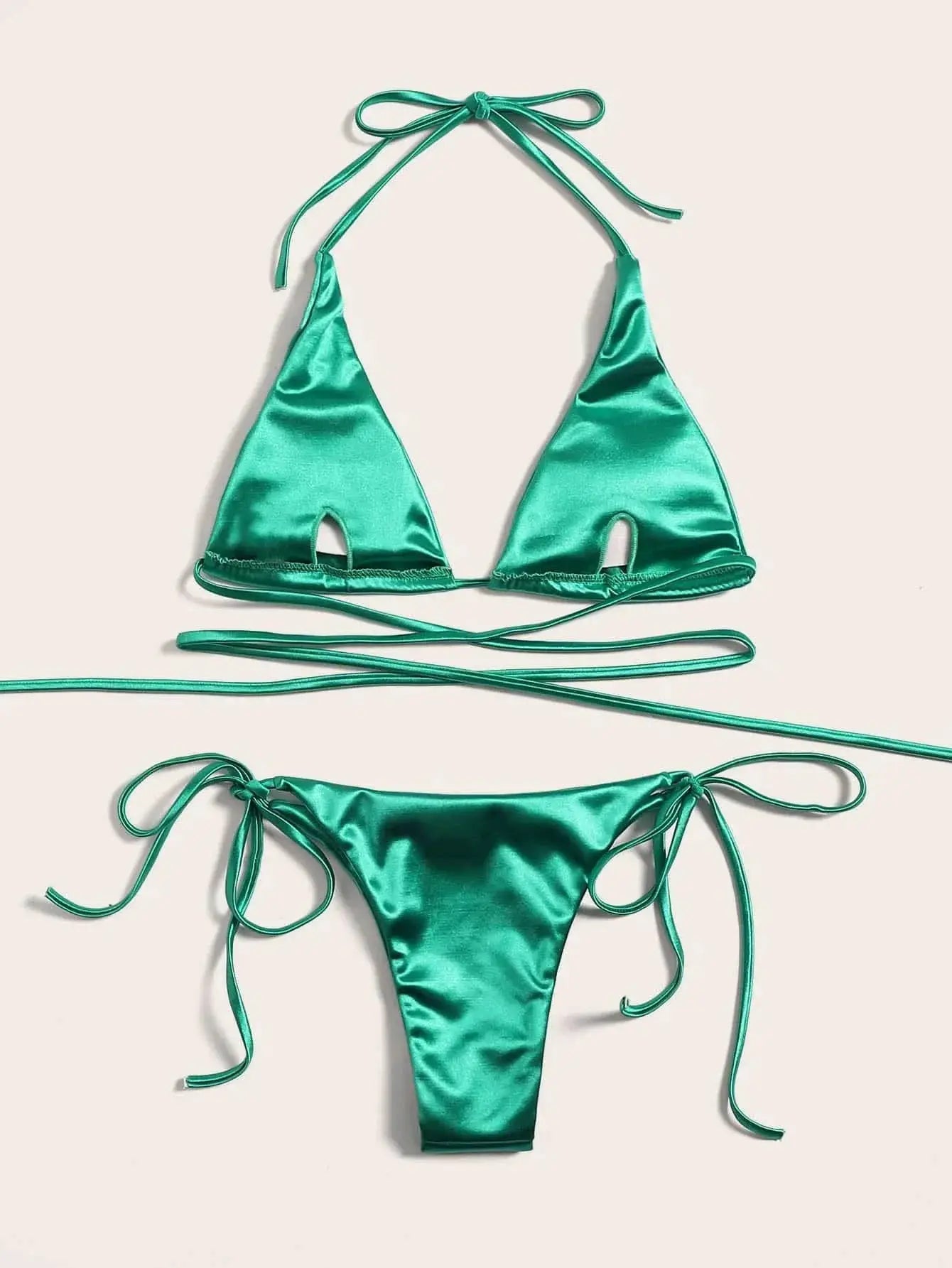Halter Brazilian metallic satin bikini set in teal; two-piece with triangle top and high-cut tie bottoms