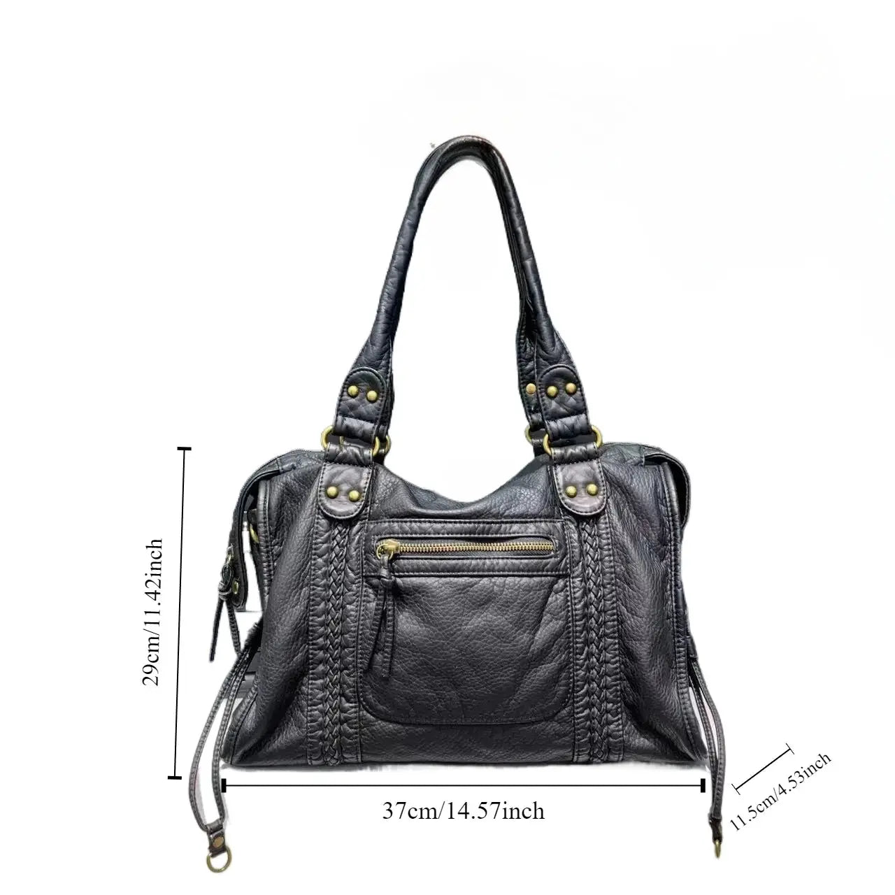 Simples Market Y2K Spicy Girl black washed leather one-shoulder crossbody bag with braided front panels and gold hardware, large capacity.