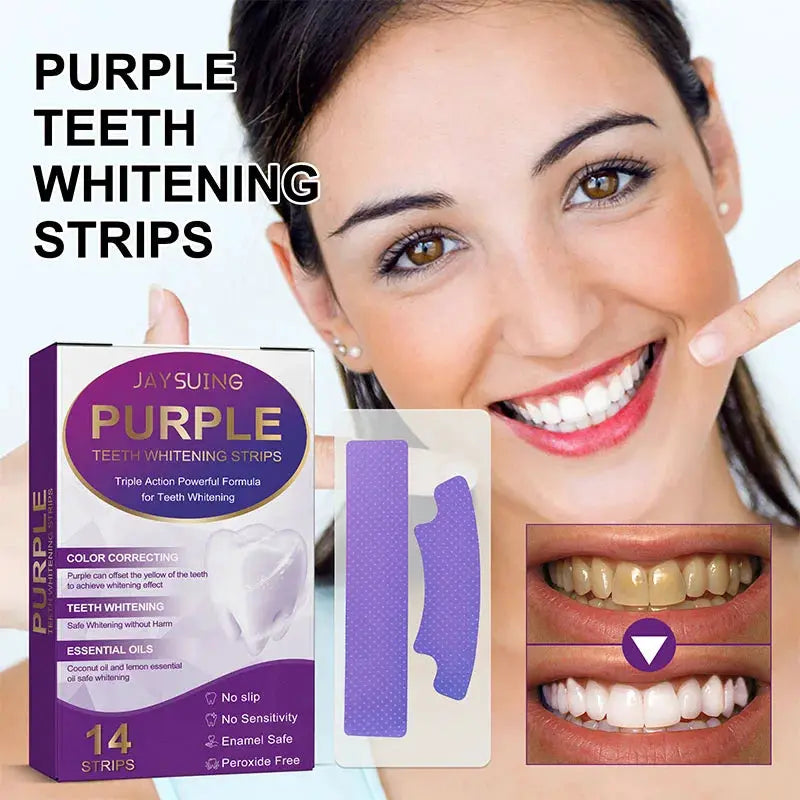Purple teeth whitening strips box with 14 strips, two sample strips shown