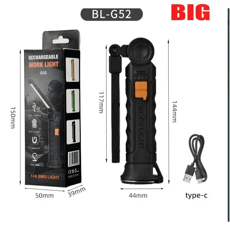LuminaForge USB Rechargeable COB LED Flashlight Work Light with Magnetic Hook and 360 Degree Rotation