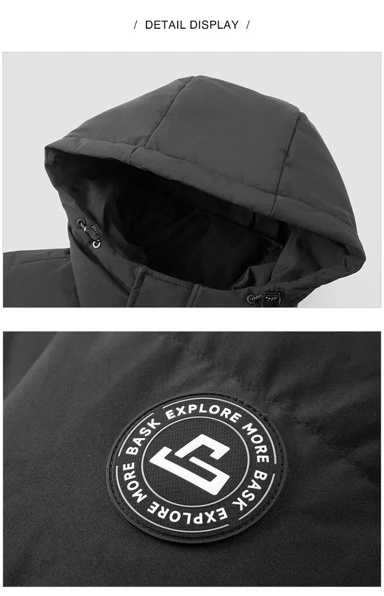 Semir men's down jacket, hooded mid-length black thick winter coat with circular logo patch.