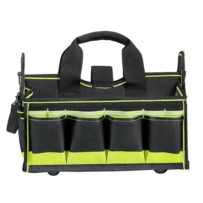 40-pocket tool tote by Simples Market, black with lime-green trim and front-pocket organizer