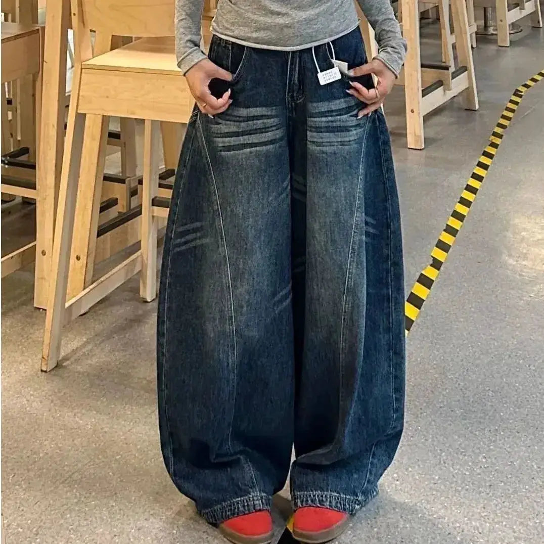 Y2K Baggy Cargo Jeans For Women Blue Washed Wide Leg Trousers