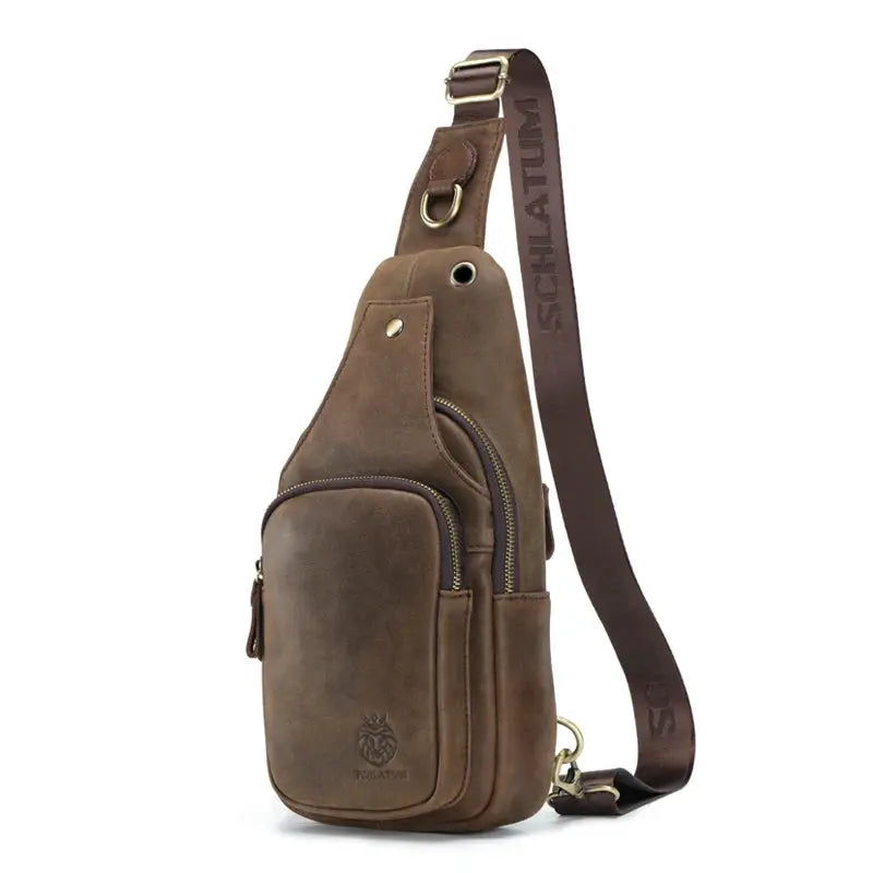 Schlatum brown genuine leather chest bag with crossbody strap and multiple pockets