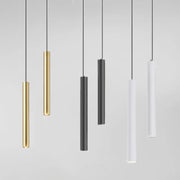 Six minimalist bedside LED pendant lamps in gold, charcoal gray, and white finishes by Simples Market