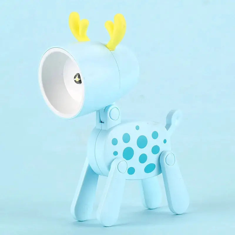 Blue plastic mini LED night light in cute animal shape with yellow antlers; kid-friendly desk lamp