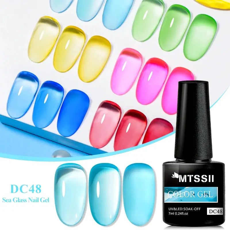 MTSSII jelly glass gel nail polish set, 6 pcs, sea blue translucent shades, soak-off UV varnish kit