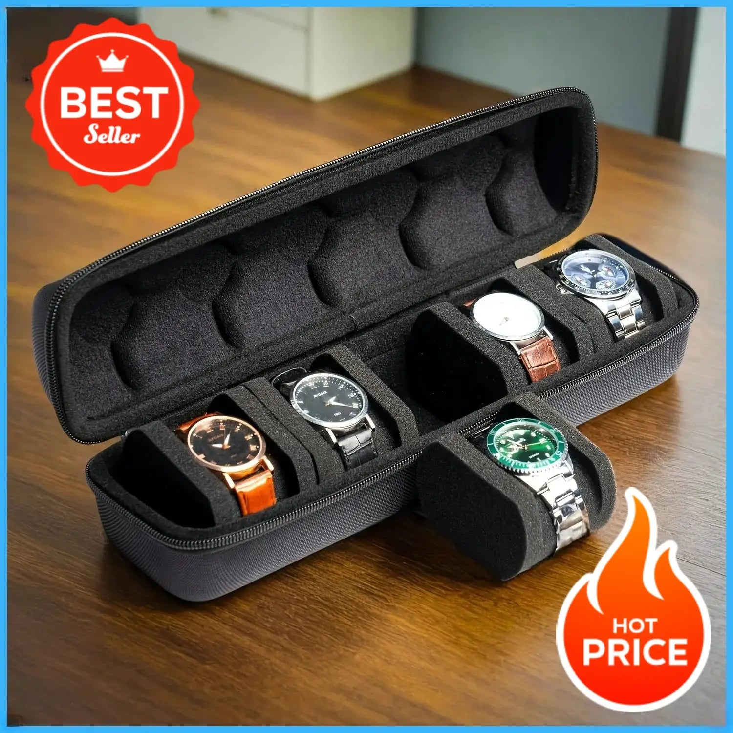TravelGuard 5 Slot Watch Case Hard Shell Travel Organizer With Pillow Insert For Smart Watches Gift Ready Black