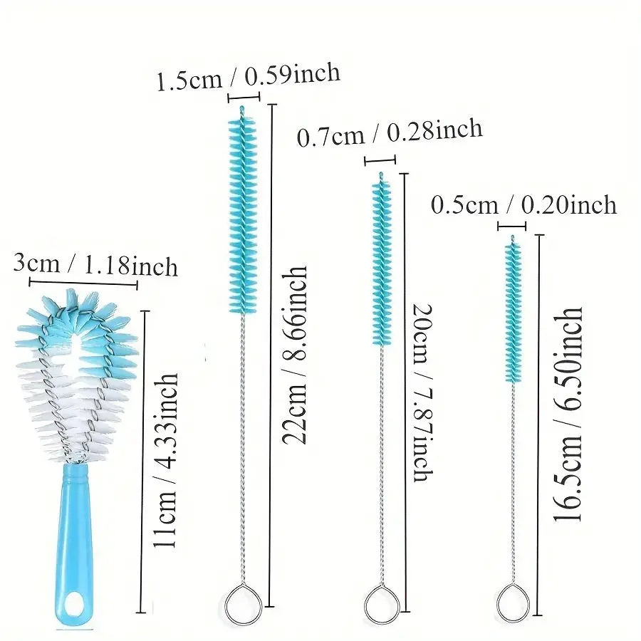 Simples Market 4-piece bottle cleaning brush set with long blue handles for wine bottles, thermoses, and jugs