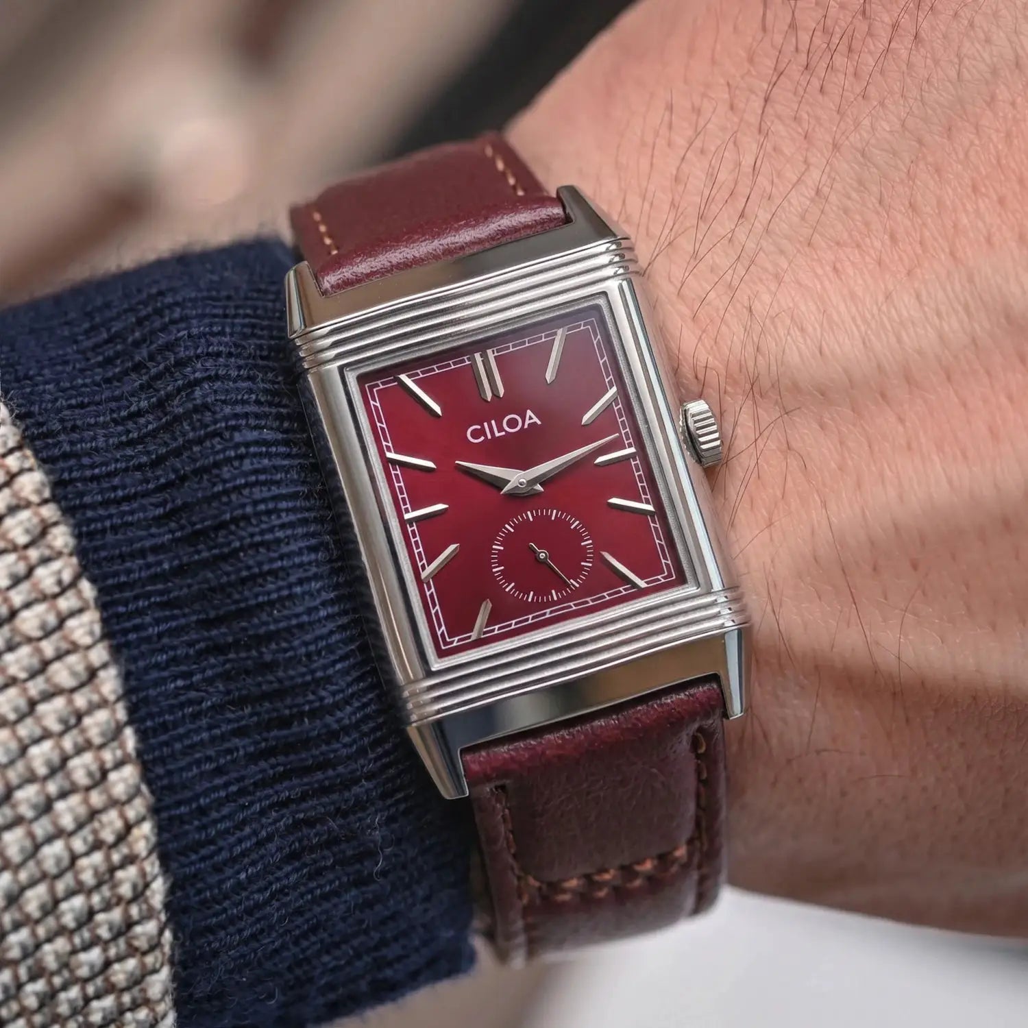 CILOA men's retro square quartz wristwatch with red dial and burgundy leather strap, stainless steel case