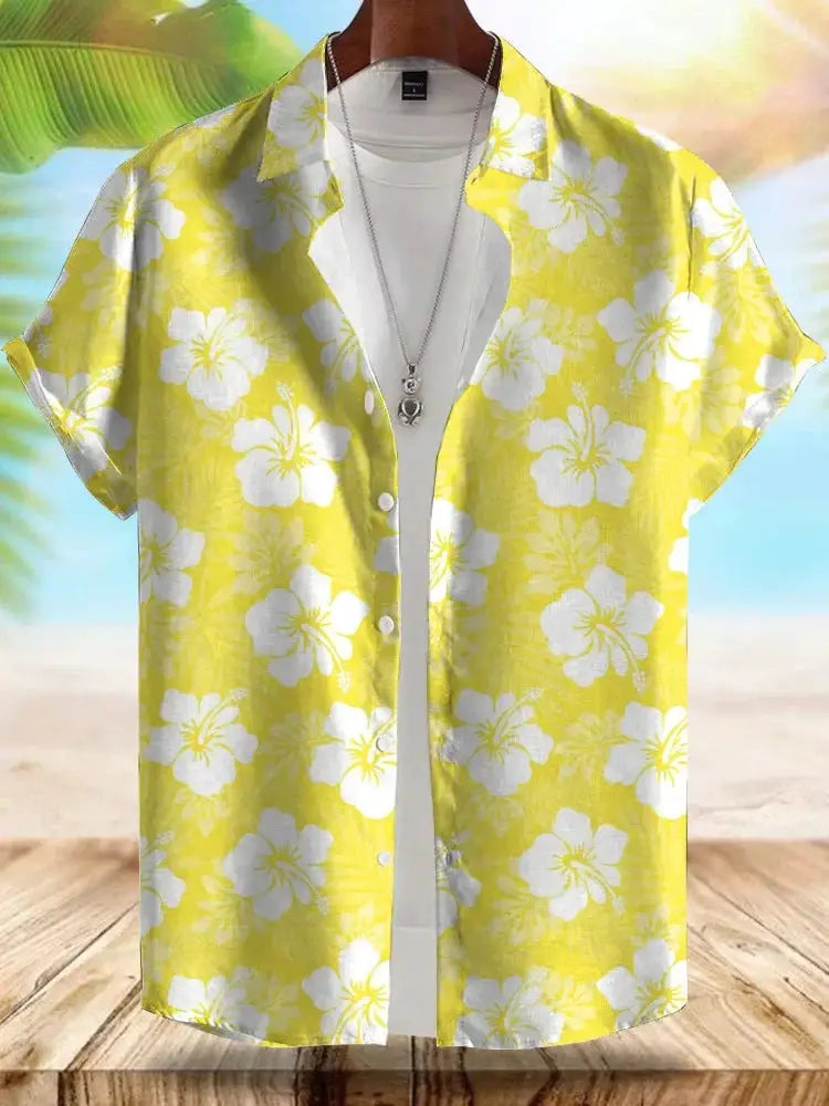 Seaside Hawaiian style men's short-sleeve shirt, yellow with white hibiscus print, Simples Market
