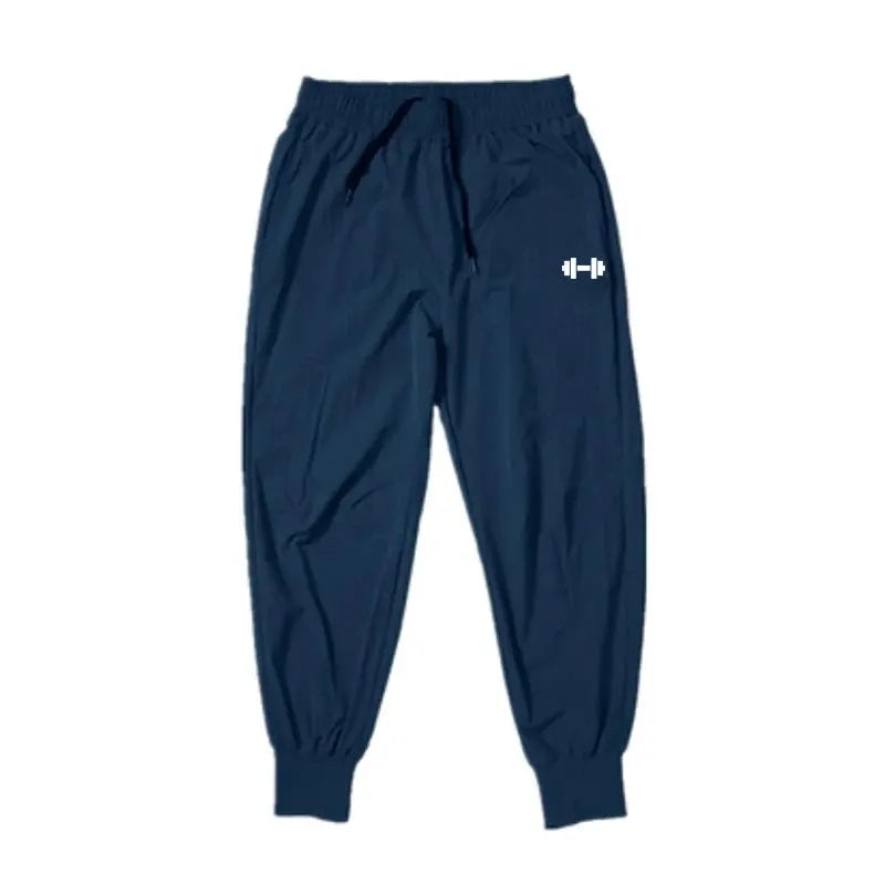 Simples Market navy blue men's gym pants with elastic waist, drawstring and cuffed ankles.