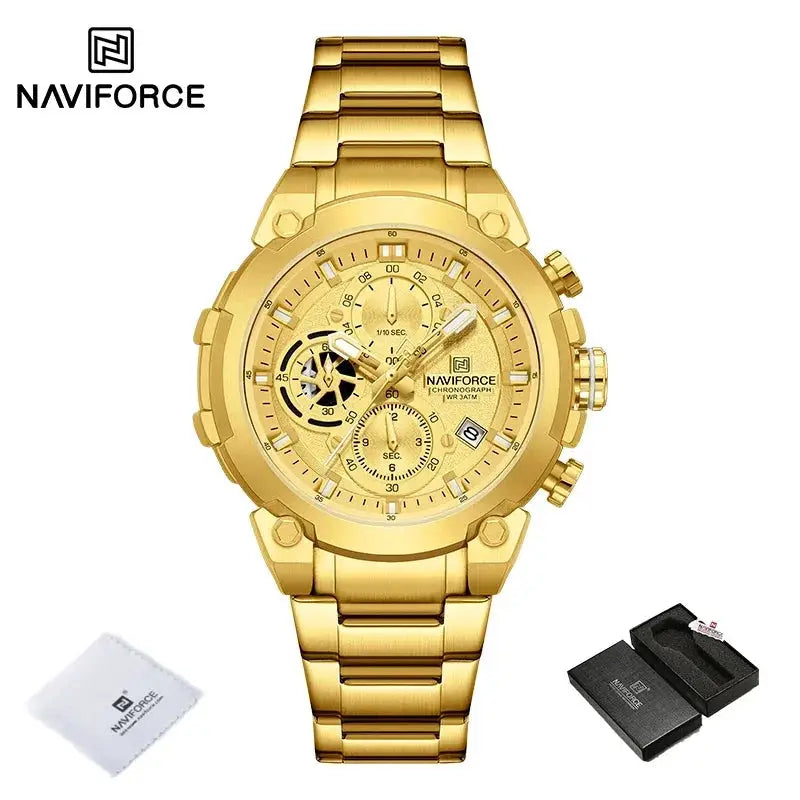 NAVIFORCE men's gold-tone luxury chronograph wristwatch with metal bracelet and 3ATM water resistance