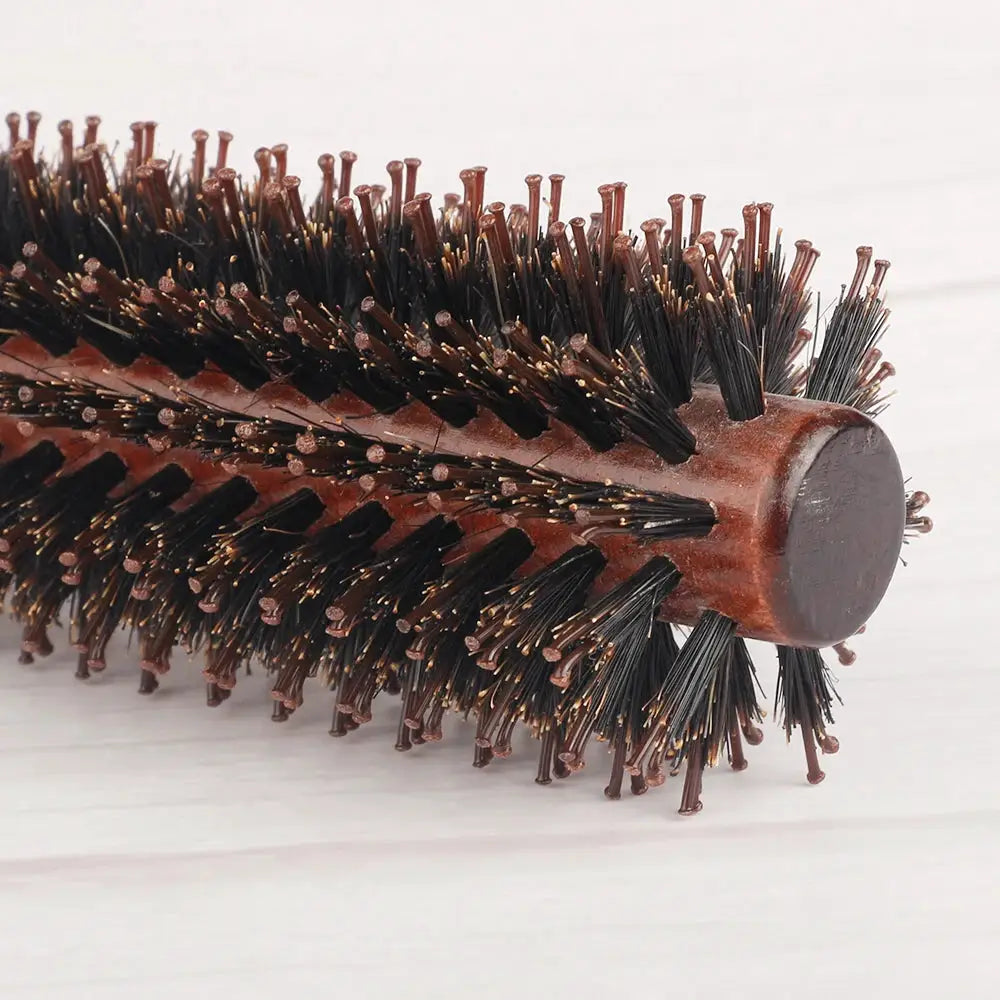 Round wood-handle hair brush with black boar bristles for curling, Simples Market