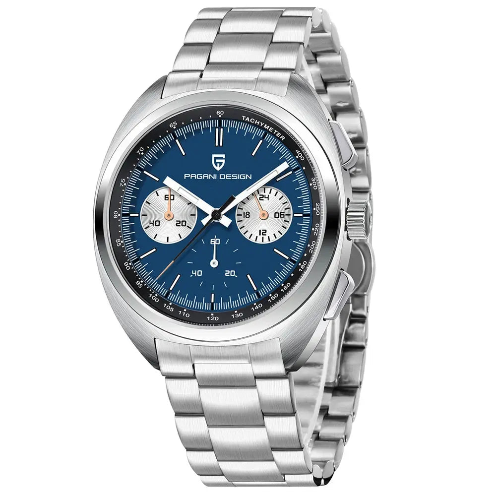 PAGANI DESIGN men's quartz chronograph watch with blue dial and stainless steel bracelet