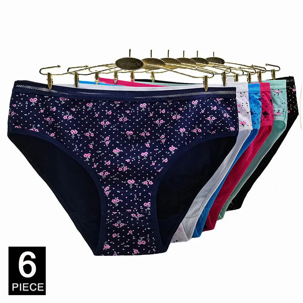 Women's cotton briefs with navy floral print, 6-piece set in assorted colors, mid-rise