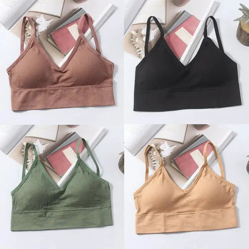 4-pack women seamless padded cotton bras in brown, black, green, and peach by Simples Market