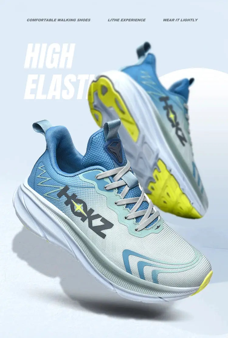 Simples Market men's classic cushion running shoes, blue breathable mesh upper with white sole and yellow outsole, pair.