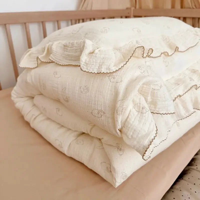 INS Princess ruffle-edge gauze 100% cotton bedding set by Simples Market, ivory with floral prints, 3 pcs