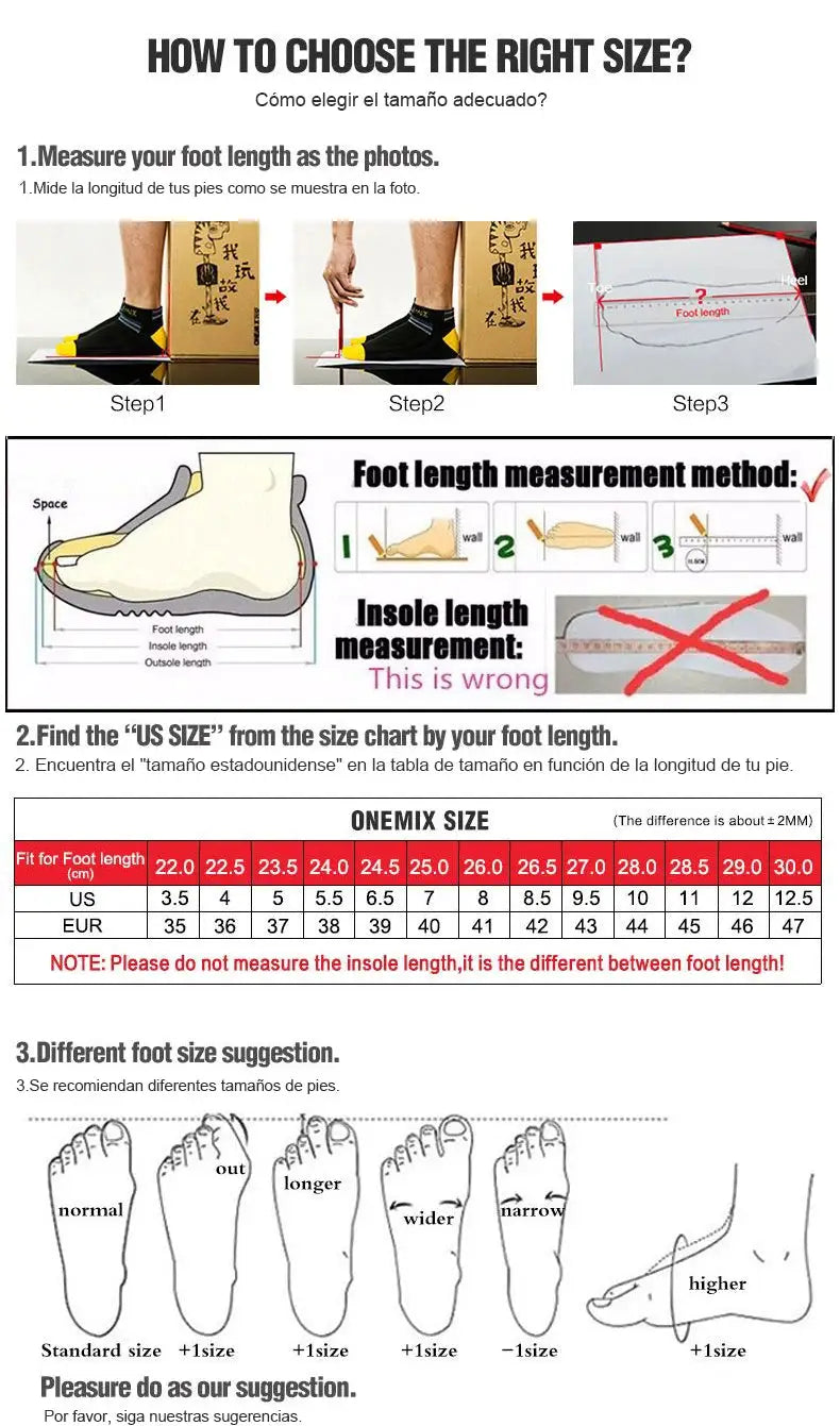 ONEMIX women's air-cushion running shoes size guide with 3-step foot-measurement diagrams by Simples Market