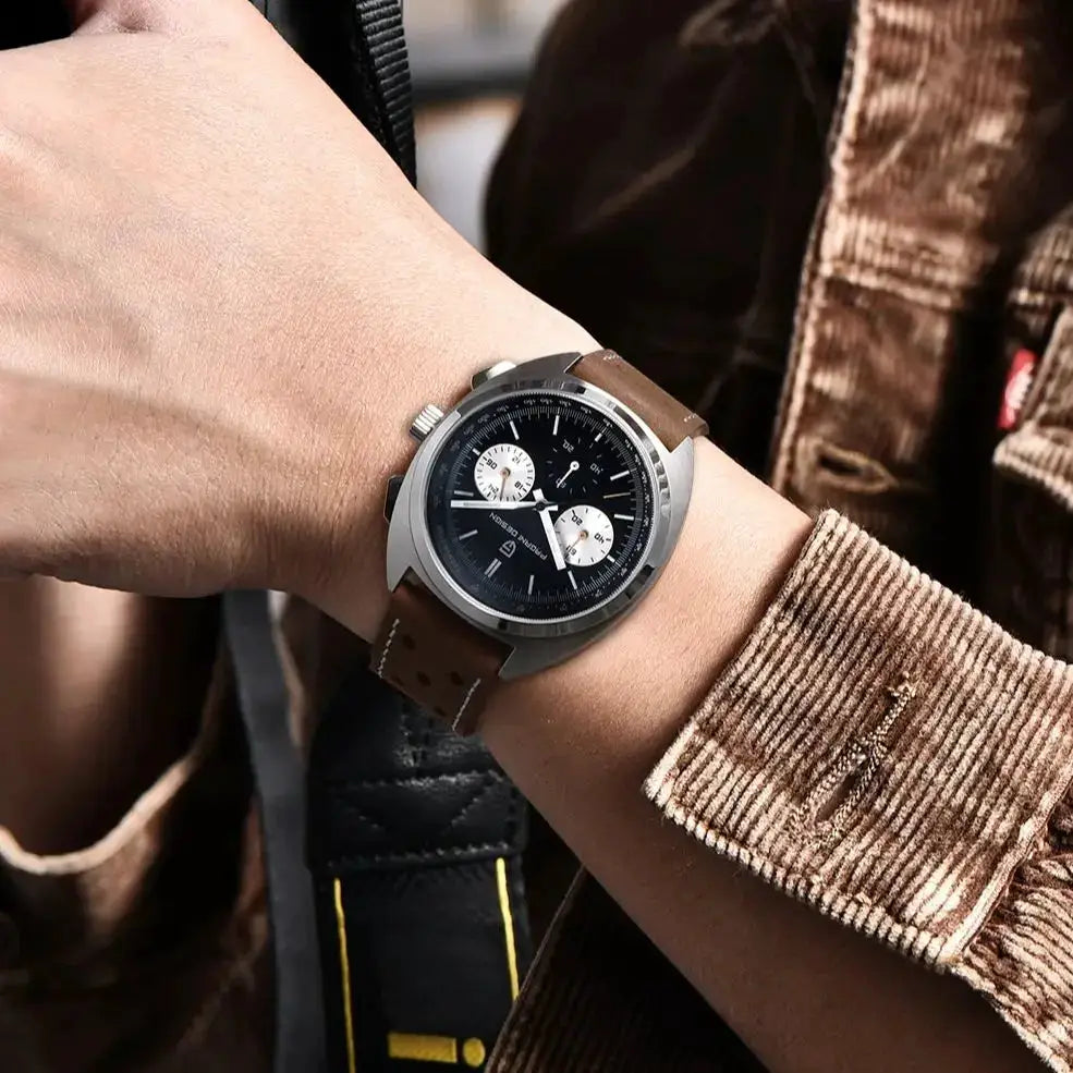 PAGANI DESIGN men's panda-dial quartz chronograph watch with brown leather strap and silver case