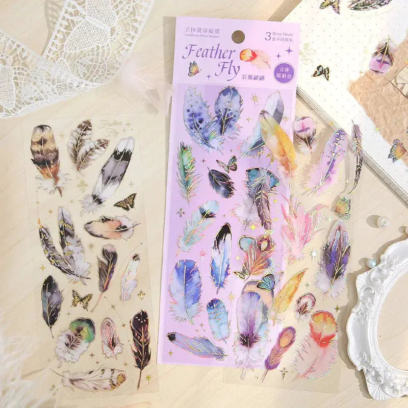 Three Piece Kawaii Feather Dragonfly Bird Jellyfish Decorative Sticker Pack for Scrapbooking Journals and Planners