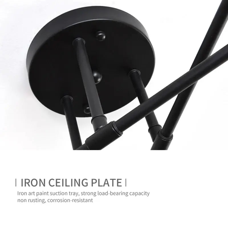 6-head retro industrial LED ceiling lamp in black wrought iron, ceiling mount fixture