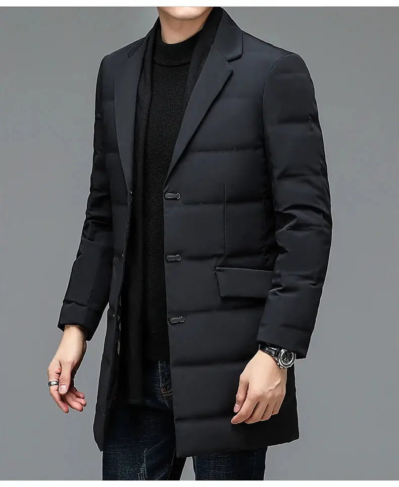 Men's black quilted down jacket with removable scarf collar.