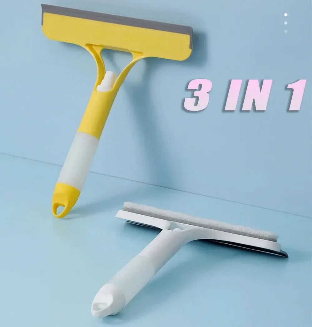 Simples Market 3-in-1 window cleaning kit, two tools shown: yellow-handled squeegee and white microfiber scrubber.