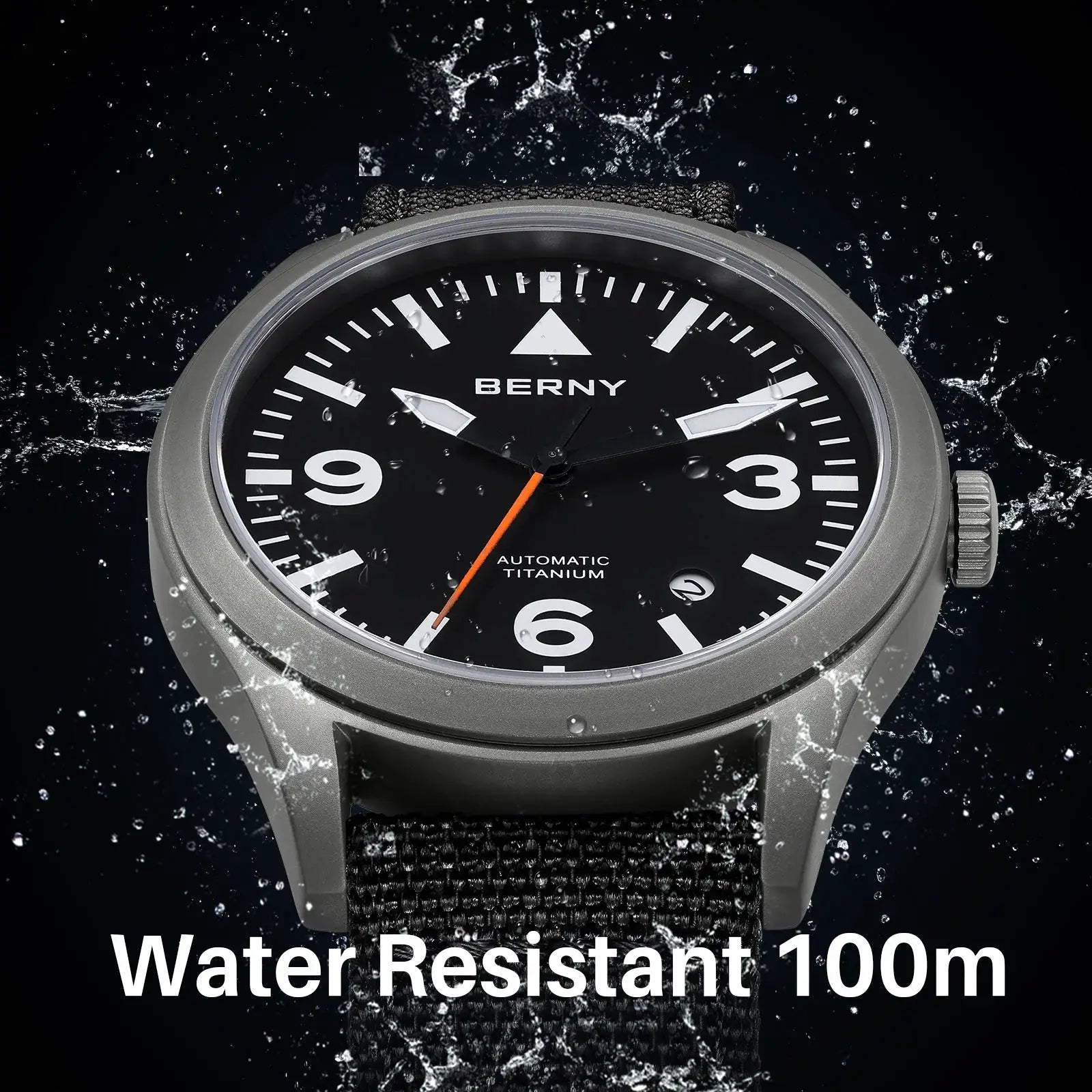 BERNY titanium automatic men's watch with black dial, orange second hand, water resistant 100m