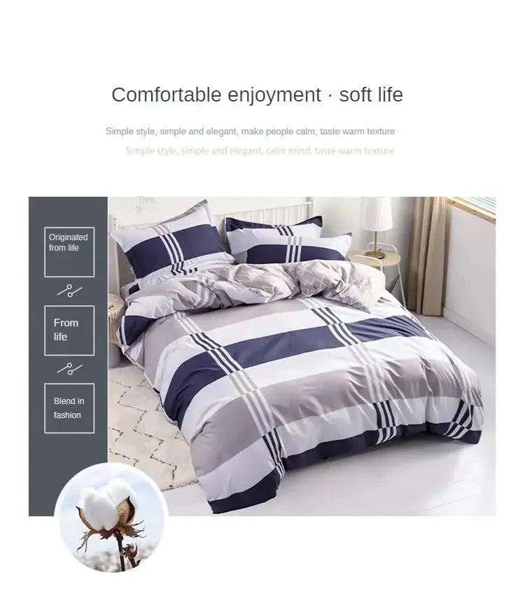 3pc cotton striped duvet cover set with 2 pillowcases in navy, gray and white; soft, skin-friendly bedding