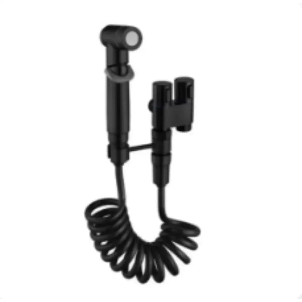 Toilet cleaning bidet set, black handheld bidet sprayer with coiled hose for hot and cold water.