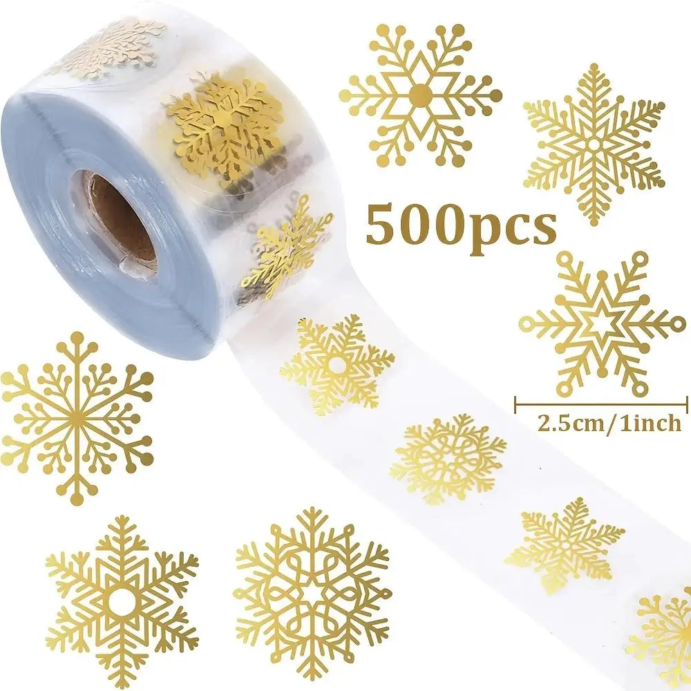 500 Pieces Golden Snowflake Christmas Stickers Roll Transparent Self Adhesive For Gift Wrapping Scrapbooking