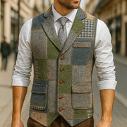 Men's green tweed patchwork waistcoat with lapel and plaid panels, Simples Market