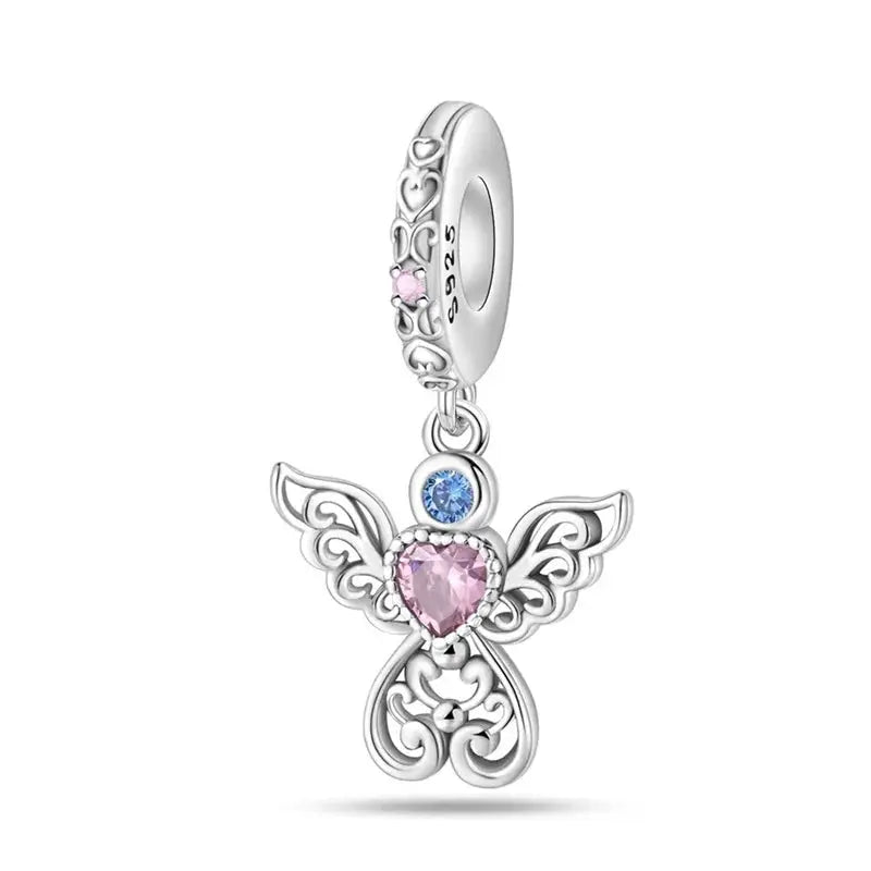 Silver-plated guardian angel heart charm bead with pink heart zircon center and blue accent for Qikaola 925 bracelets