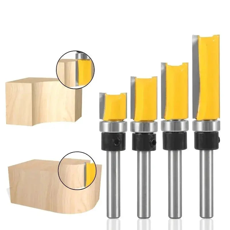 Four Piece One Quarter Inch Shank Bearing Guided Router Bits Set For Woodworking Edge Trimming With Double Edged Cutter